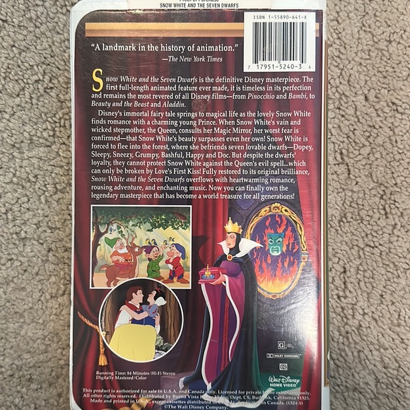Walt Disney Snow White and The Seven Dwarfs VHS Tape - Picture 2 of 2
